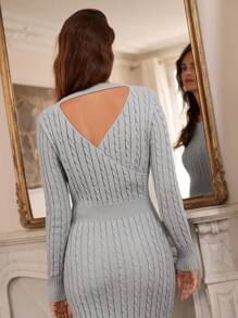 SHEIN Frenchy Bươm đan Hem Khe Đầm Áo len - Xám - Xem 4