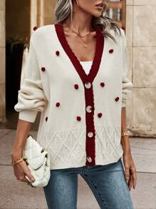SHEIN LUNE Contrast Trim Pom Pom Detail Button Front Cardigan Fall Cloth For Women - Apricot - View 5