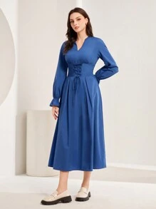 Mulvari Vestido de mujeres unicolor elegante de cintura con cordón