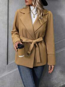 SHEIN Clasi Cổ áo Tay Raglan Mở Mặt trước Thắt lưng Áo khoác - Màu Khaki - Xem 5