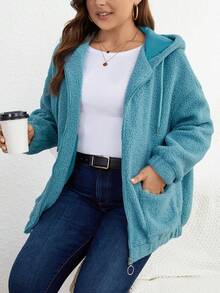 SHEIN LUNE 休閒拉鍊 口袋純色大碼外套 - 藍色 - 查看 6