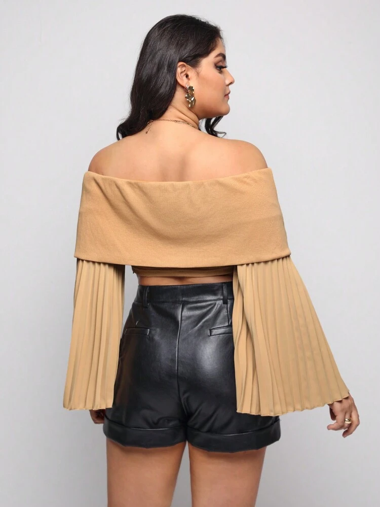 Designer Plus Off Shoulder Flare Sleeve Crop Top, For Holiday, Vacation, Spring, Going Out, Festival, Ibiza Fits