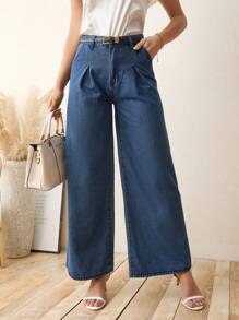 SHEIN LUNE High Waist Wide Leg Jeans Without Belt - Blue - View 3