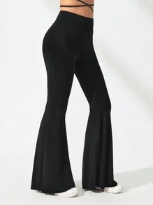SHEIN Sports Solid Flare Leg Sports Pants - Black - View 4