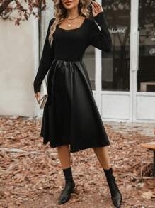 Chiquease Solid Scoop Neck PU Dress - Black - View 4