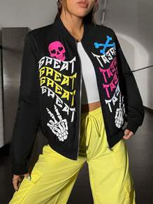 SHEIN EZwear Hình ảnh Skull & chữ cái Dây kéo Áo khoác bomber - màu đen - Xem 6