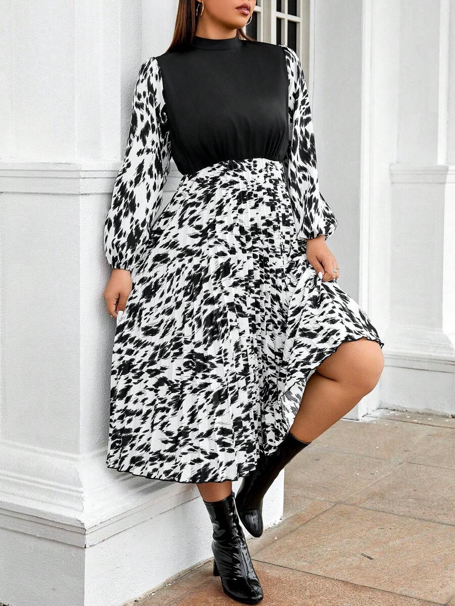 Calvaya Plus Graphic Print Mock Neck Lantern Sleeve Pleated Dress - Black - View 1