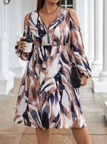 Celure 大碼滿版印花挖肩燈籠袖洋裝