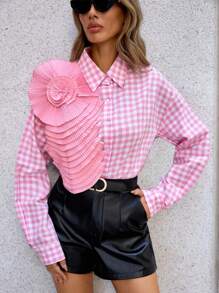 GENKIRA Gingham Print Ruffle Trim Shirt - Pink - View 5