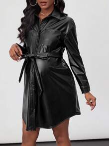 SHEIN 孕妇衬衫裙，前排纽扣，冬季 - 黑色 - 查看 6