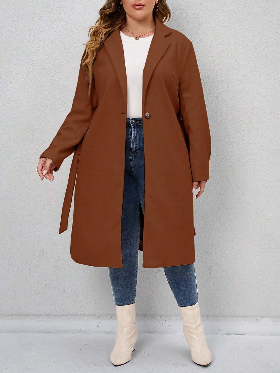 Franclia Plus Lapel Neck Belted Overcoat - Coffee Brown - View 1