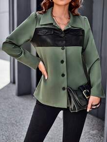 SHEIN Unity Contrast PU Leather Button Front Puff Sleeve Coat - Army Green - View 5