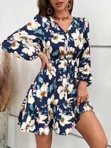 SHEIN VCAY In hoa Tay áo lồng đèn Xù Hoa Sen Đầm - Màu xanh hải quân - Xem 2