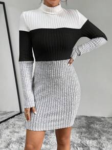 SHEIN Essnce Khối màu Cổ giả Váy bodycon - Đen và trắng - Xem 4