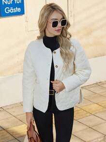 GENKIRA 女士冬装纯色单排扣休闲棉服外套 - 白色 - 查看 4