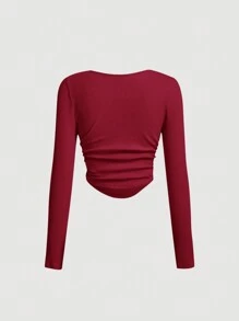 SHEIN MOD Áo thun crop top tay dài nhún bèo cổ tròn màu đỏ - Màu Đỏ Sâu - Xem 2