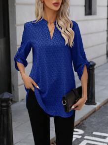 EMERY ROSE Allover Print Notched Neckline Roll Tab Sleeve Blouse Fall Cloth For Women - Blue - View 3