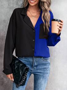 SHEIN LUNE 休閒口袋 前紐扣撞色女士襯衫 - 藍色 - 查看 1