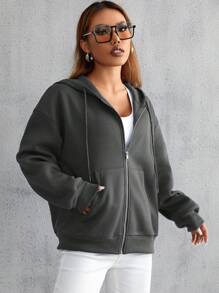 SHEIN Unity 拉鏈開襟落肩袖抽繩加絨內裏連帽衫 - 深灰色 - 查看 3
