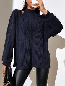 SHEIN LUNE 落肩袖下擺開叉T恤&掛脖上衣 - 寶藍色 - 查看 6