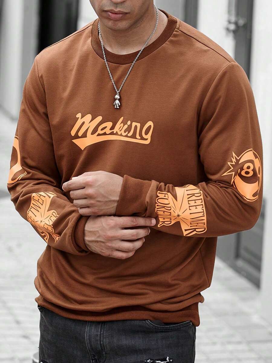 Manfinity Homme Men Letter Graphic Sweatshirt - Brown - View 1