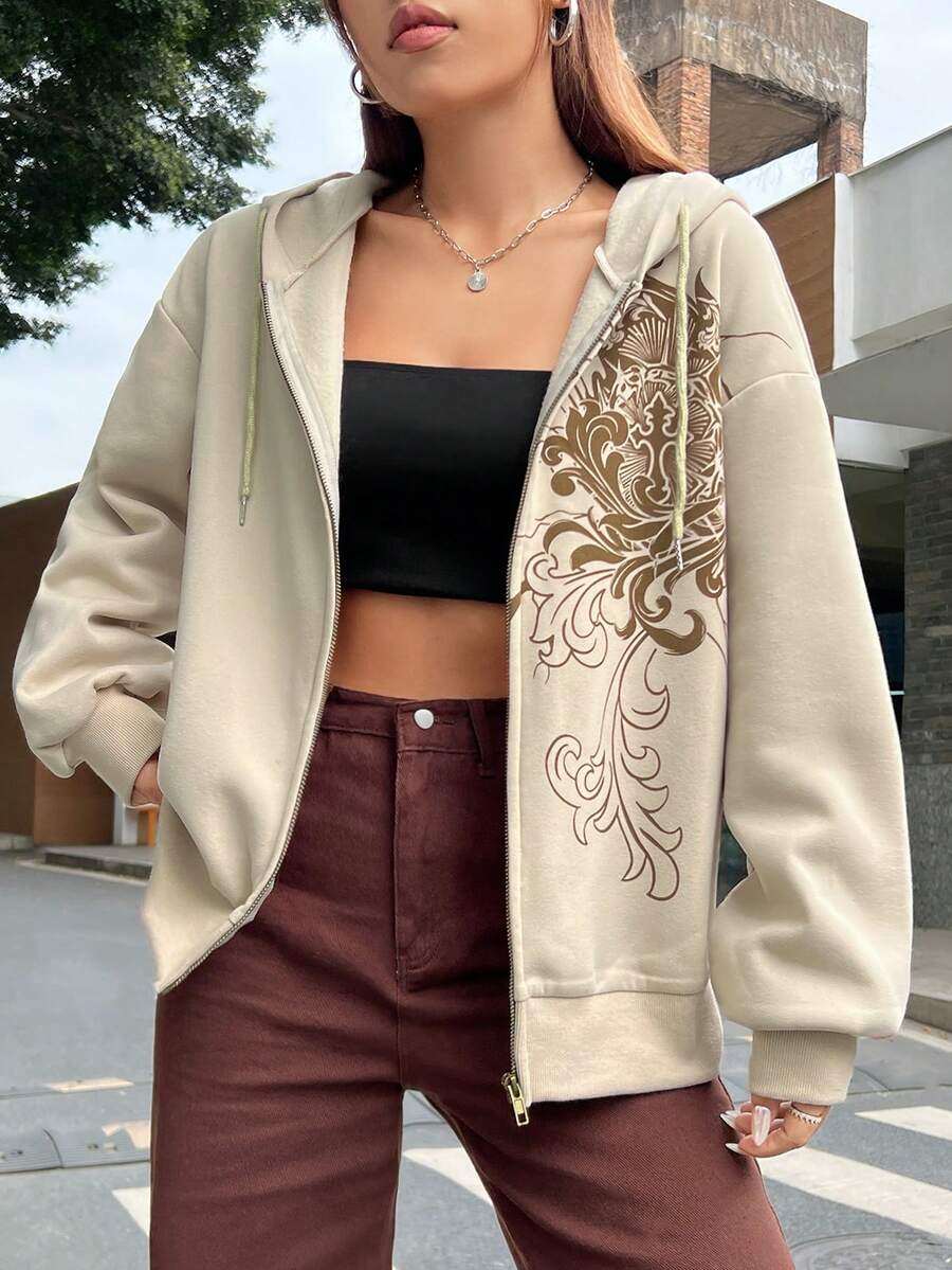 SHEIN EZwear In Đồ họa Dây kéo Thả vai Dây rút Lót nhiệt Hoodie - Màu Khaki - Xem 1