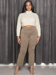 SHEIN SXY Talla grande Jersey crop cuello alto de hombros caídos - Albaricoque - Ver 3