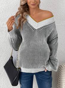 SHEIN Maternity Striped Pattern Contrast Trim Drop Shoulder Sweater, For Winter - Black and White - View 4