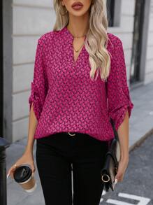 SHEIN LUNE Allover Print Notched Neck Roll Tab Sleeve Blouse - Hot Pink - View 6