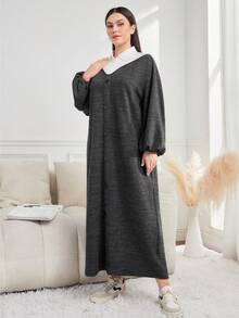 Mulvari Kích thước lớn Của phụ nữ Khối màu Cổ bẻ tay cánh Đầm - Màu xám đen - Xem 3