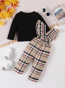 Bebé niña con estampado de cuadros ribete con fruncido Mono & Camiseta