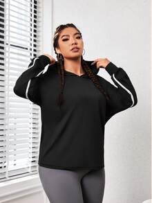 Easithlete Plus Contrast Tape Drop Shoulder Hooded Sports Sweatshirt - Black - View 5