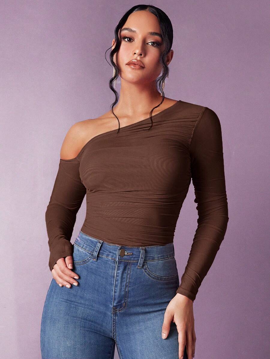 SHEIN BAE Cổ không đối xứng Xù Lưới Áo - Cà phê nâu - Xem 1