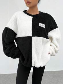 SHEIN EZwear Two Tone Letter Patched Drop Shoulder Teddy Sweatshirt - Black and White - View 4