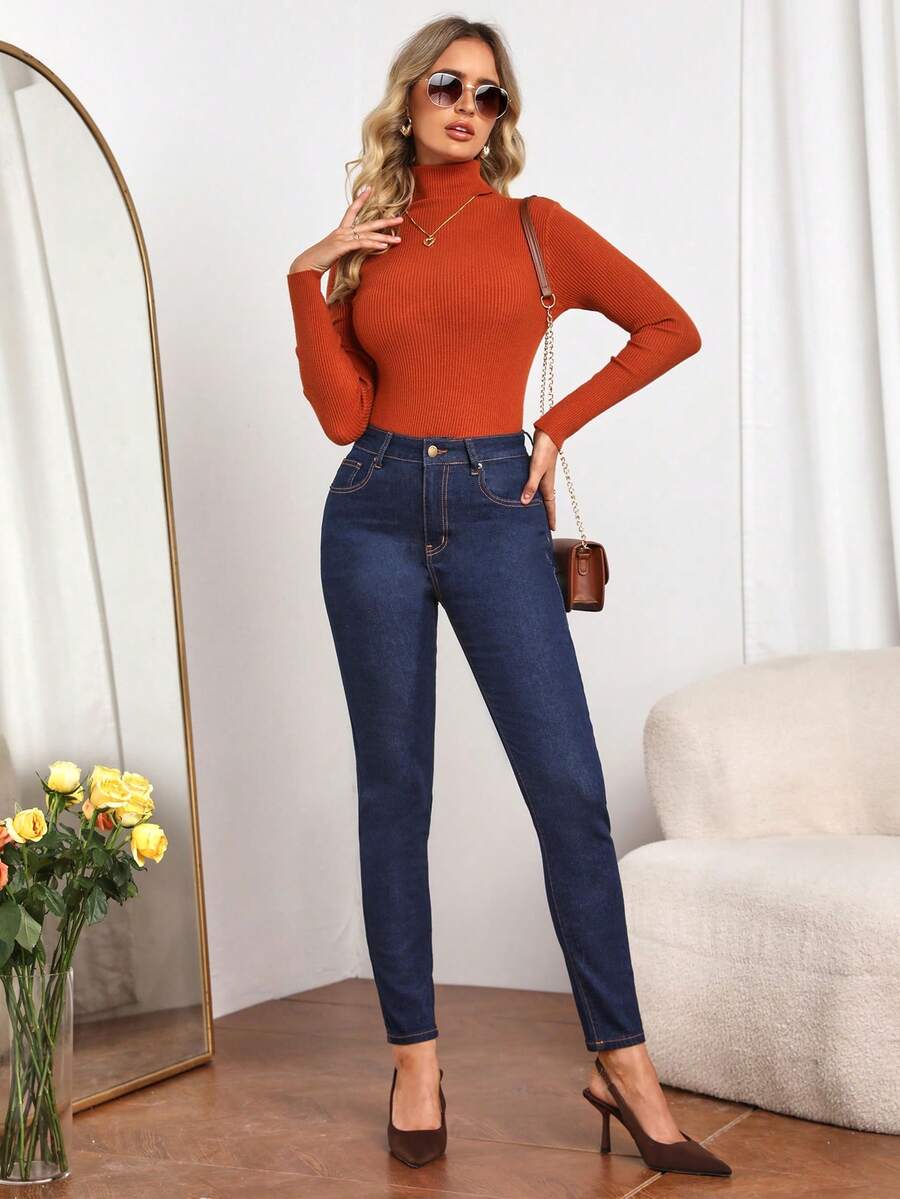 SHEIN Privé 高腰緊身牛仔褲 - 深色水洗藍 - 查看 1