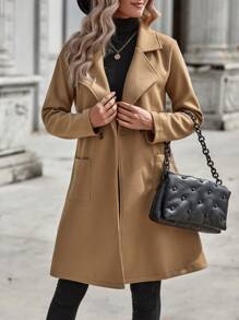 SHEIN Frenchy 西裝領雙排釦花呢外套 - 卡其色 - 查看 3