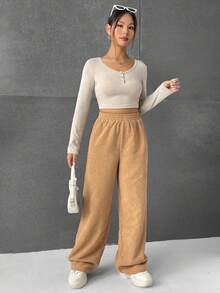SHEIN EZwear Chất rắn Eo đàn hồi Vải to sợi Quần - Màu Khaki - Xem 5