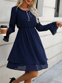 SHEIN LUNE Bell Sleeve Button Detail Dress Fall Cloth For Women - Blue - View 4