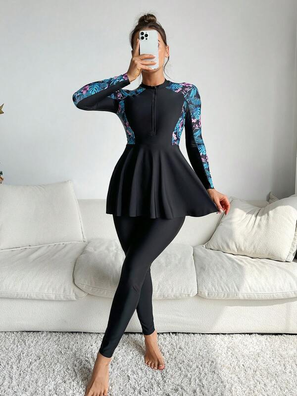 Swim Mulvari Summer Beach Women's Tropical Print Patchwork Long Sleeve Long Pants Jumpsuit