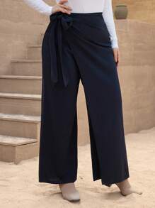 SHEIN VCAY 大碼圍裹側打結闊腿褲 - 黑色 - 查看 1