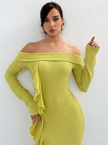 SHEIN Privé כתפיים חשופות שולי קפלים שמלה צמודה - ירוק - ראה 3