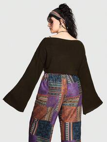 ROMWE Hippie Plus Size Short Knit Sweater With Sun Printed, Flare Sleeve - Brown - View 4