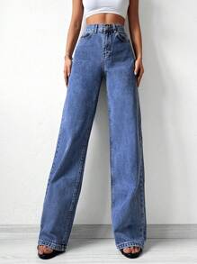 SHEIN Cottnline High Waist Straight Leg Jeans - Medium Wash - View 3