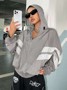 SHEIN EZwear 鋸齒形印花抽繩連帽夾克 - 灰色 - 查看 1