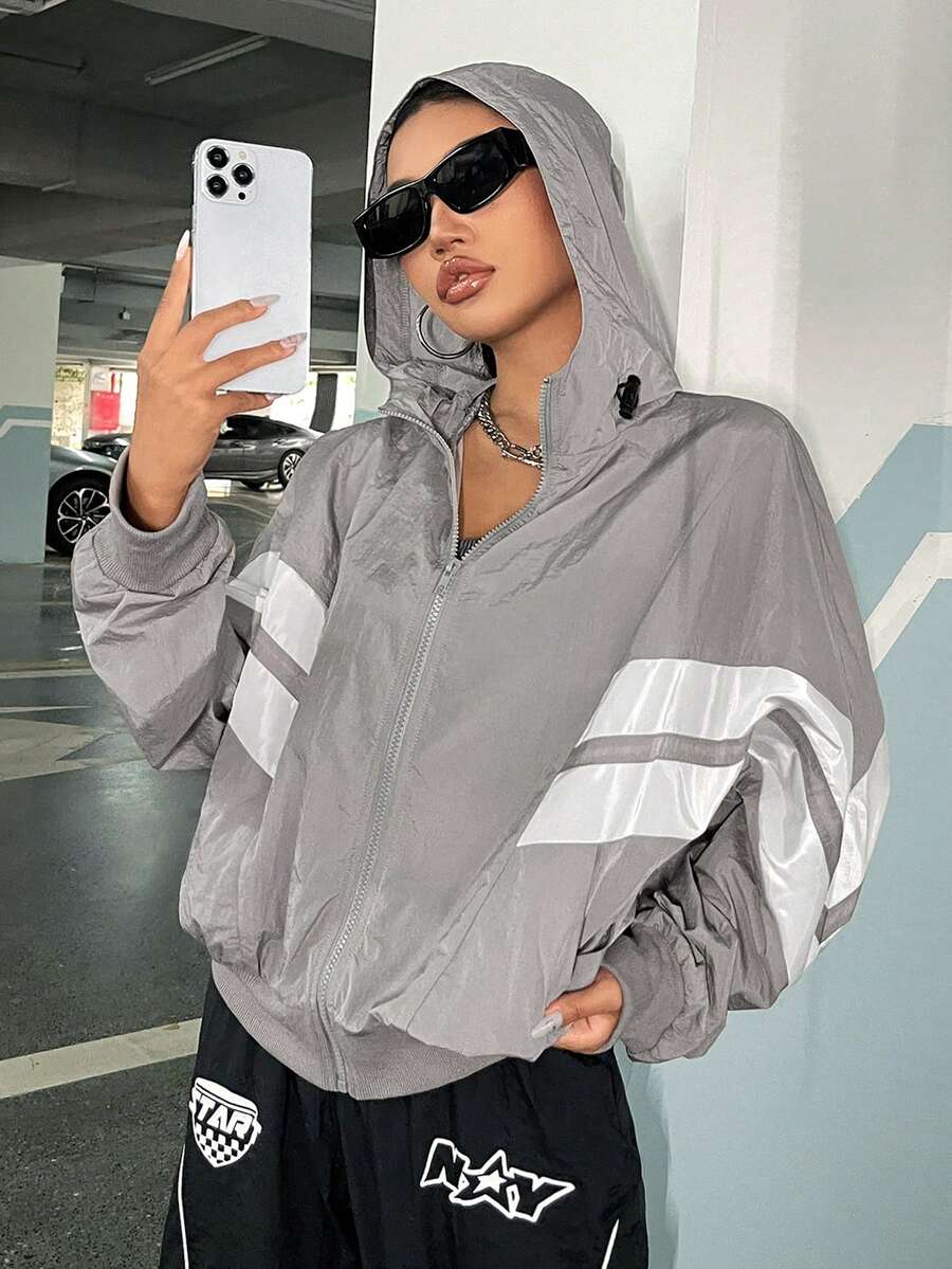 SHEIN EZwear 鋸齒形印花抽繩連帽夾克 - 灰色 - 查看 1