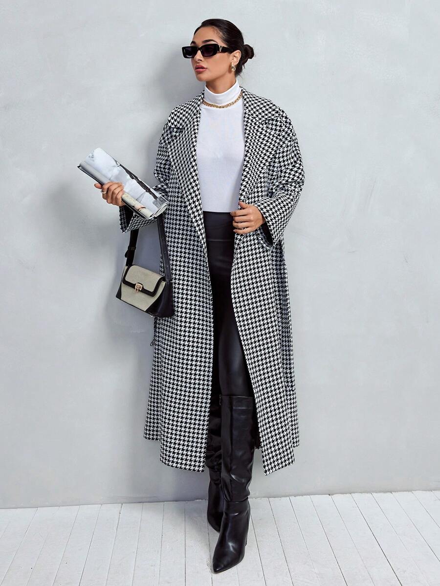 RueChic Houndstooth Print Drop Shoulder Belted Overcoat - Black and White - View 1