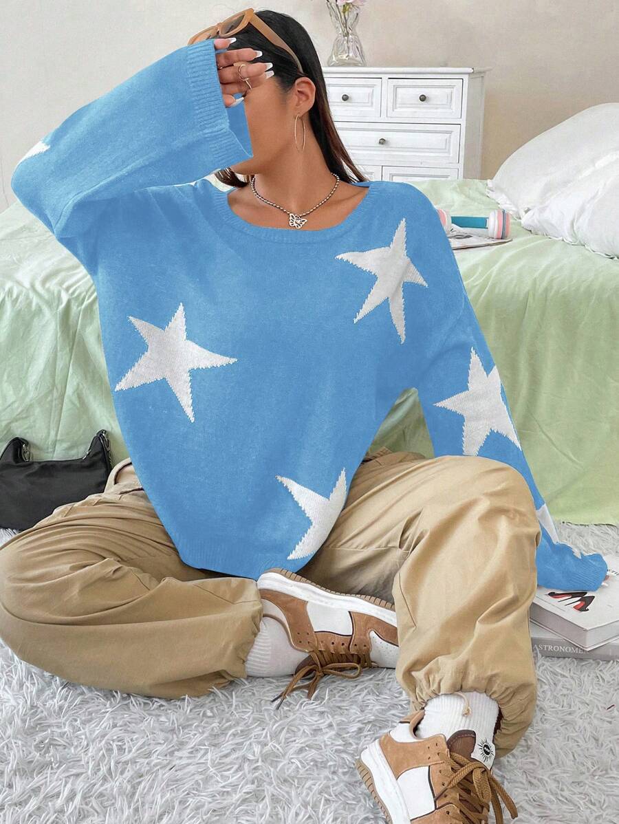 Flirla 大碼星星圖案落肩袖套頭毛衣 - 藍白色 - 查看 1