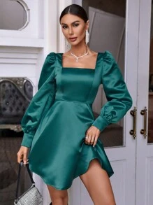 SHEIN Privé Square Neck Lantern Sleeve Dress - Green - View 4