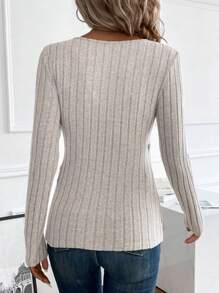 Pearls Beaded Surplice Neck Ribbed Knit Tee - Khaki - View 2