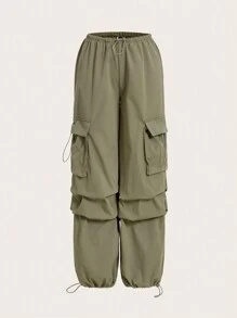 SHEIN ICON Flap Pocket Drawstring Waist Cargo Pants - Army Green - View 1
